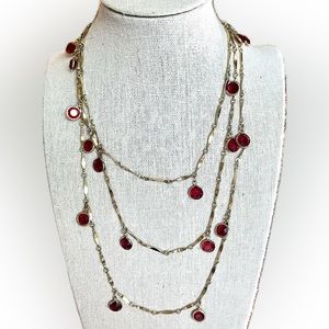 Vintage Gold Tone Bezel Set Red Crystal Dangle Opera Length Necklace